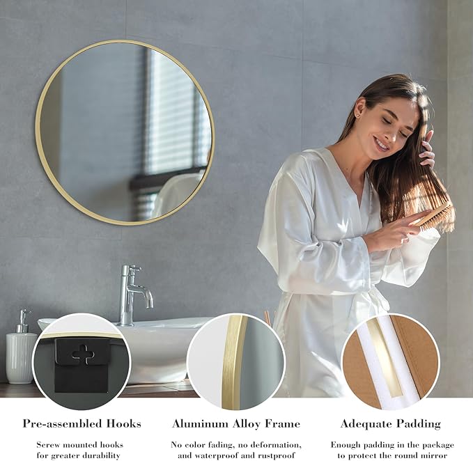 NEWBULIG Gold Round Wall Mirror 24 Inch, Bathroom Mirrors for Over Sink, Wall Decor for Bathroom, Entryway, Bedroom, Vanity