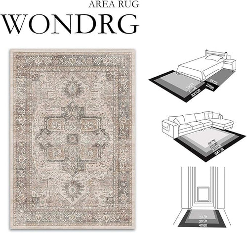 8x10 Washable Vintage Area Rug Brown Oriental Living Room Bedroom Throw Rug Neutral Non Slip Soft Low Pile Carpet for Dining Room Office Nursery Indoor