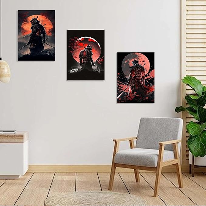 3 Piece Framed Canvas Wall Art, Modern Samurai Warrior Japanese Style Canvas Wall Decor with Red Moon, Set of 3 Wall Art for Living Room Bedroom Office Gaming Room, 12x16 Inch