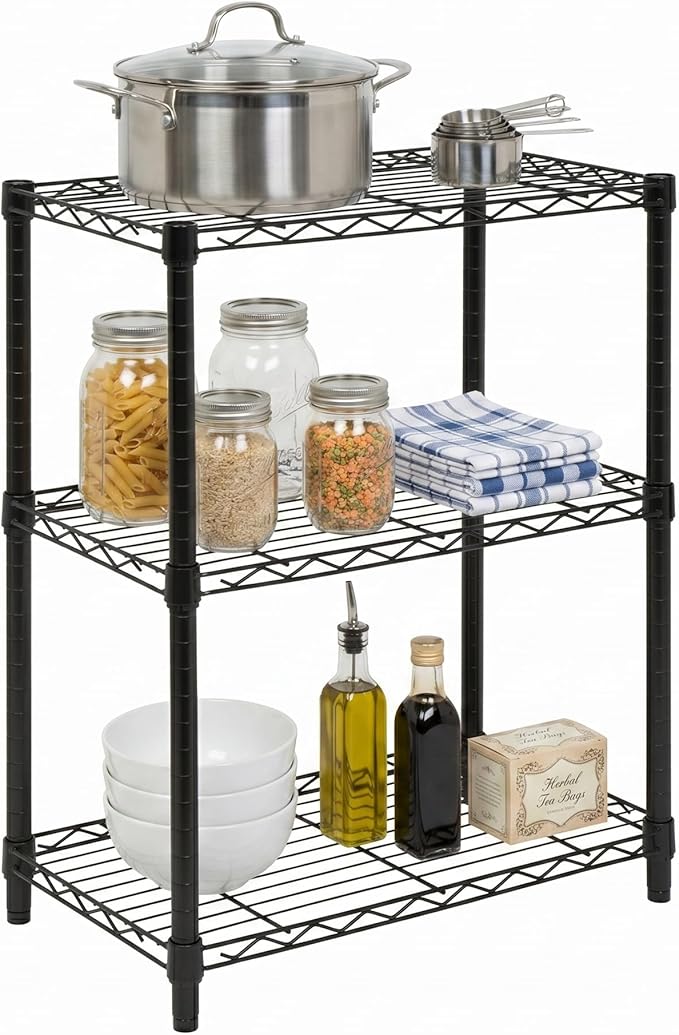 Honey-Can-Do 3-Tier Heavy Duty Adjustable Shelves, Metal Storage Rack With 250-lb Shelf Capacity, Black, 14" W x 24" L x 30" H