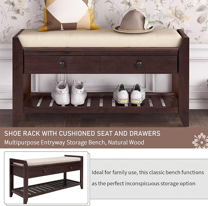 LUMISOL Storage Bench, Shoe Rack with Upholstered Seat and 2 Drawers, Solid Wood Entryway Storage Bench with Shoe Rack for Entryway, Living Room, Bedroom, Espresso