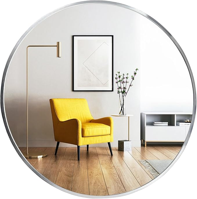 Oruii Silver Round Mirror, Silver Round Mirror 24 inch, Circle Bathroom Mirrors Metal Frame, Nickel Circle Mirrors for Wall, Over Sink, Bathroom, Living Room, Vanity, (Chrome)