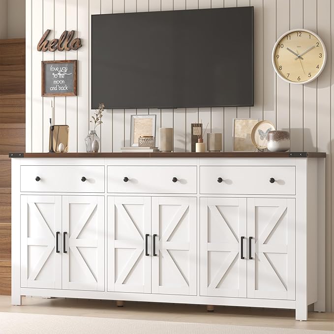 VVFLU 71" Large Sideboard Buffet Cabinet with Storage, Modern Farmhouse Coffee Bar with 3 Drawers and 6 Barn Doors, Dining Room Storage Cabinet, for Kitchen, Living Room, White Wood