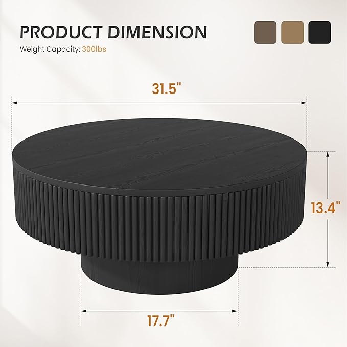 YOUDENOVA 31.5” Round Fluted Coffee Table, Modern Wood Circle Coffee Table, Veneer Handcrafted Relief Tea Table with Sturdy Pedestal for Living Room，Easy Assembly - Black