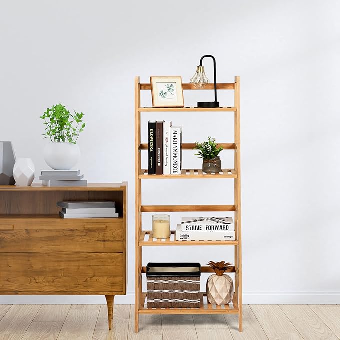 COSTWAY 4-tier Ladder Shelf, Bamboo Plant Stand Rack, Freestanding Bookshelf, Multifunctional Storage Shelves, Flower Stand Rack Holder for Garden, Balcony, Living Room, Bedroom (Natural)