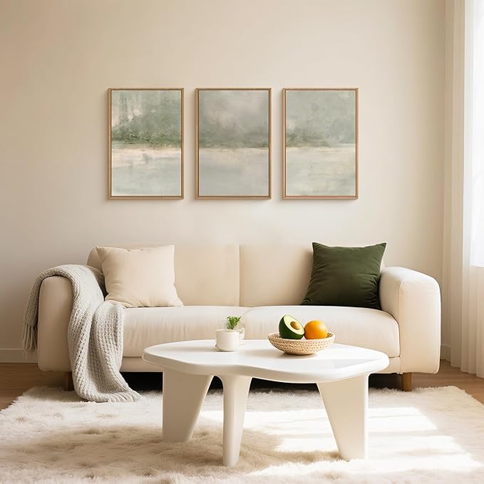 FWIEXA Grey Green Abstract Canvas Wall Art Set 3, Neutral Landscape Framed Prints, Modern Lake Scenery Paintings, Beige 16x24In Watercolor Artwork Poster for Farmhouse, Living Room, Bedroom, Office
