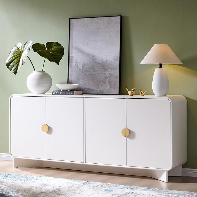 IFGET Modern Buffet Cabinet with Storage, 70" Large Sideboard Buffet Storage Cabinet with 4 Doors and Adjustable Shleves, Wooden Curved Coffee Bar for Dining Room, Kitchen, Living Room, White
