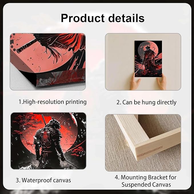3 Piece Framed Canvas Wall Art, Modern Samurai Warrior Japanese Style Canvas Wall Decor with Red Moon, Set of 3 Wall Art for Living Room Bedroom Office Gaming Room, 12x16 Inch