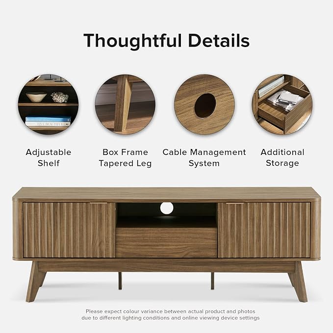 mopio Brooklyn Mid-Century Modern TV Stand, for TVs up to 50” / 59" Waveform Panel, Sleek Curved Profile with Adjustable Shelf and Sturdy Box Frame Leg (Natural Walnut, 57")