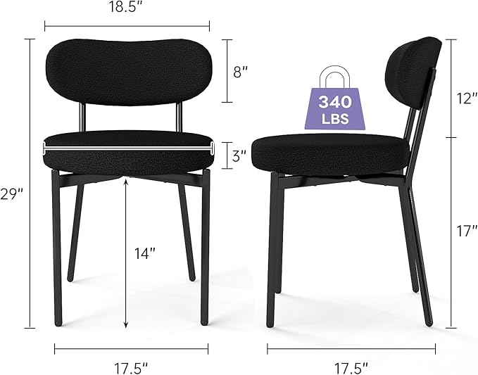 Murago Dining Chairs Set of 2 pcs, Boucle Comfortable Upholstered Seat Fabric with Curved Backrest, Mid Century Modern Contemporary Scandinavian Designer Chairs Ideal for Dining Room, Kitchen, Black