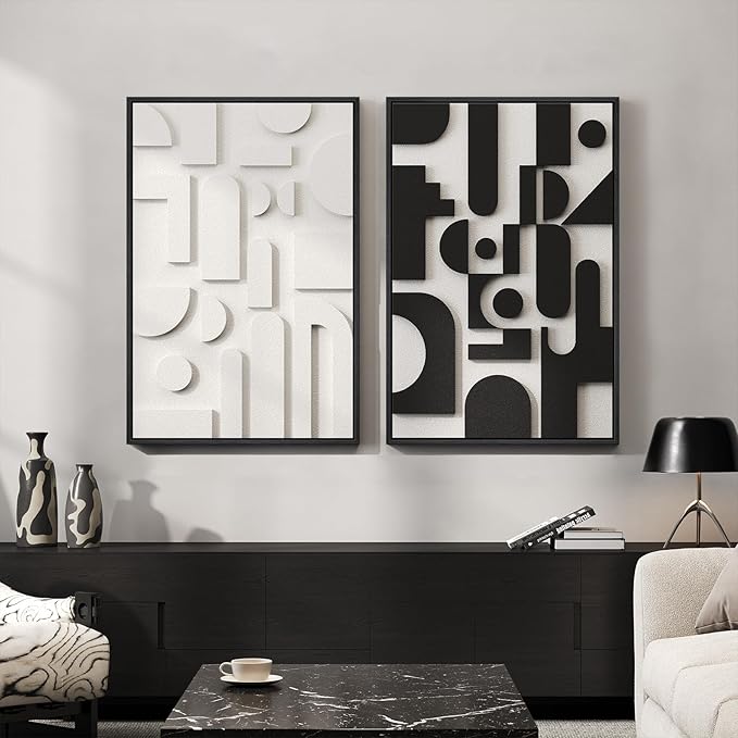 Large 3D Textured Framed Black and White Abstract Wall Art for Living Room, Set of 2 Modern Paintings Artwork for Walls, Minimalist Geometric Pictures for Bedroom Hallway Office Wall Decor 24x36 In