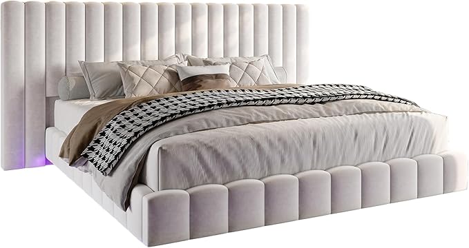 Jocisland Bed Frame Queen Size with 85" Wide Upholstered Headboard, Modern Velvet Floating Platform with LED Lights Underneath, No Box Spring Needed, Cream
