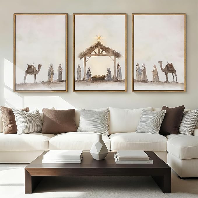Anyzal Extra Large Jesus Framed Wall Art 24x36 Inch Easter Catholic Nativity Scene Canvas Artwork Christian Religious Birth of Jesus Painting for Living Room Bedroom Dining Room Set of 3
