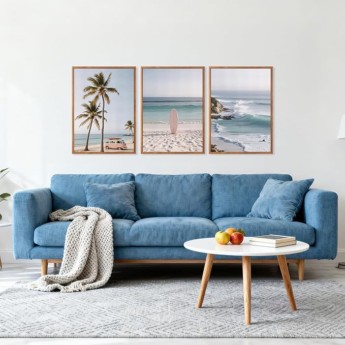 HPINUB Beach Seascape Framed Canvas Wall Art,(Set of 3,12X16 Inch) Palm Tree Surfboard Nature Wall Decor,Modern Coastal Landscape Artwork Relax Summer Ocean Art Print For Living Room,Bathroom Decor