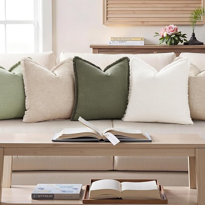 decorUhome Summer Decorative Neutral Linen Fringe Euro Sham Throw Pillow Covers Set of 2 Natural Beige Pillow Covers with Tassels Soft Farmhouse Boho Accent Pillow Cases for Couch Bed Sofa 22x22 Inch
