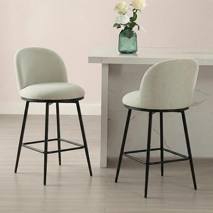 26" Counter Height Swivel Bar Stools Set of 3, Upholstered Linen Fabric Barstools with Backs and Metal Legs for Kitchen Island,Grey