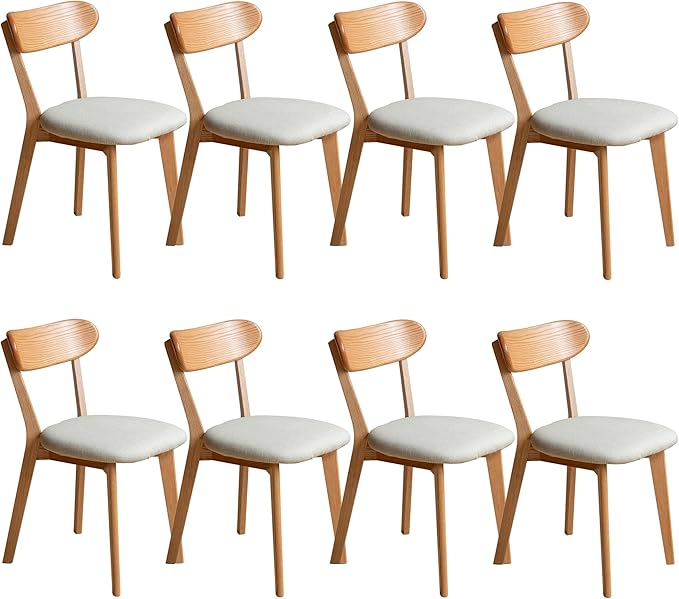 Modern Solid Wood Dining Chair Set of 8, Kitchen Dining Room Chair with Upholstered Cushion and Seat Cover, Curved Backrest, 100% FAS Grade North America Oak Wood, Natural
