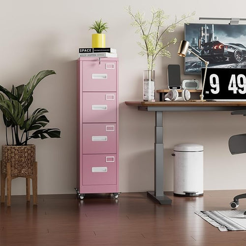 Aobabo 4 Drawer File Cabinet with Wheels, Lockable Office Metal Filing Cabinet with Name Card for Office and Home,Assembly Required,Pink