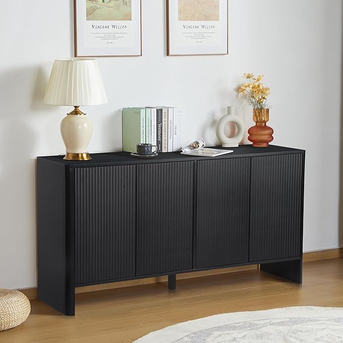 Sideboard Buffets Cabinet, Modern Accent Storage Cabinet with 4 Fluted Doors and Adjustable Shelves, Wood Credenza Buffet Sideboards, Console Table for Kitchen Dining Living Room Entryway (Black)