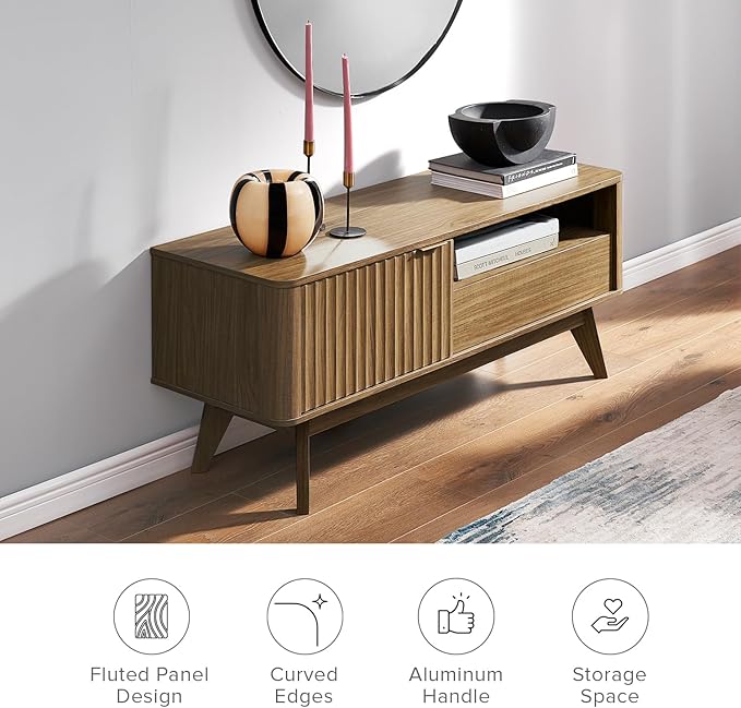mopio Brooklyn Mid-Century Modern TV Stand, for TVs up to 50” / 59" Waveform Panel, Sleek Curved Profile with Adjustable Shelf and Sturdy Box Frame Leg (Natural Walnut, 47")