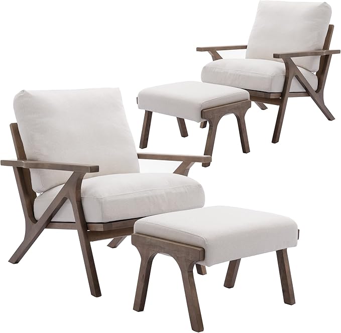 chairus Mid-Century Modern White Linen Accent Chairs with Ottomans Set of 2, Comfy Upholstered Lounge Armchairs with Solid Wood Frame, Fabric Reading Chairs for Living Room Bedroom Office