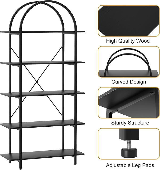 Arbuxzuy Arched Bookshelf 5 Tier Book Shelf, 31.5 Inch Width Industrial Arch Bookcase, Curved Tall Bookshelf with Open Shelves for Home Office, Living Room, Bedroom, Black