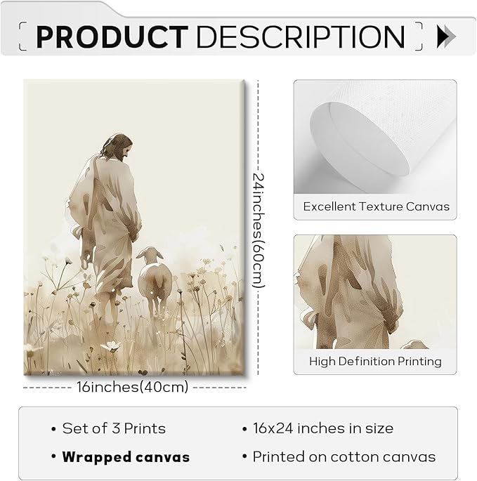 Jesus Leaves the 99 Sheep Wall Art Christian Canvas Poster Jesus and Lamb Wall Decor Religious Pictures Lost Sheep Painting God Christ Painting Artwork for Bedroom Living Room 16x24x3 Inch Ready to Hang