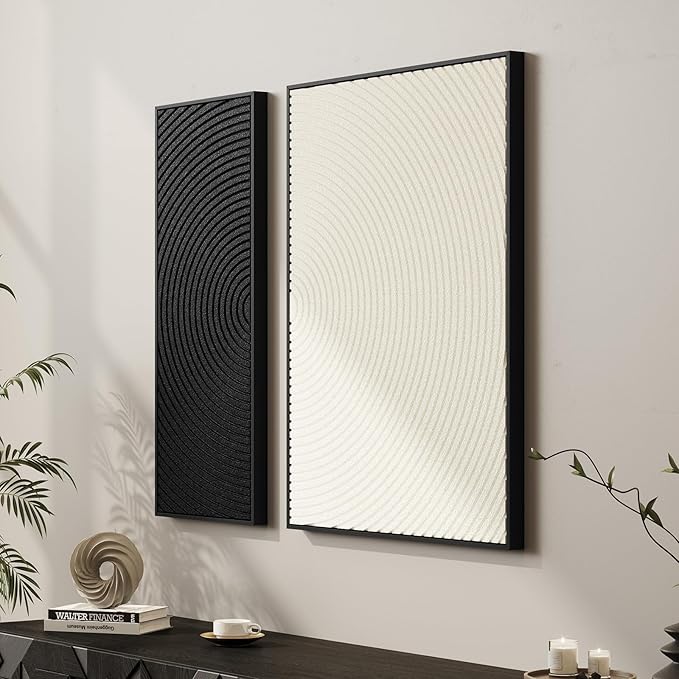 Framed 3D Textured Black and White Abstract Wall Art, 2 Piece Modern Minimalist Paintings Artwork for Walls, Black White Geometric Line Pictures for Living Room Bedroom Hallway Office Wall Decor
