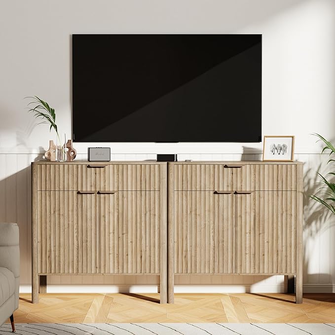 Fluted Buffet Cabinet with Storage - Modern Sideboard Accent Credenza with Doors & Drawer Wood Console Coffee Table Bar Counter for Living Room Kitchen Dining Room Entryway, Easy Assembly 31" Oak