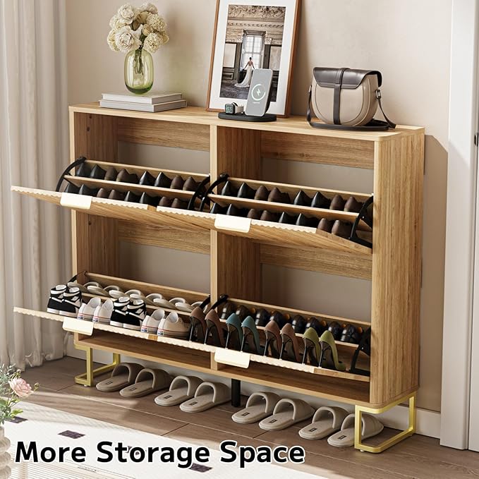 Fluted Shoe Cabinet Storage with 4 Flip Drawers, Wood Narrow Hidden Shoe Cabinet with Metal Legs & Adjustable 2 Tier Shelf for Entryway, Freestanding Slim Shoe Rack Organizer for Hallway Living Room