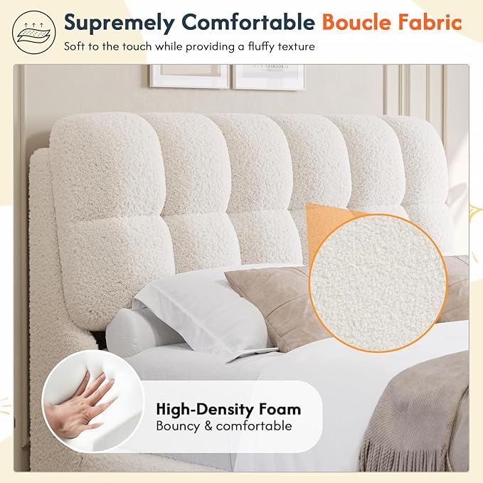 DICTAC Boucle Full Size Bed Frame with Headboard, Modern Upholstered Platform Bed Frame Full with Rounded Corners, Soft Cloud beds, Wood Slats Support, No Box Spring Needed, Easy Assembly, Cream