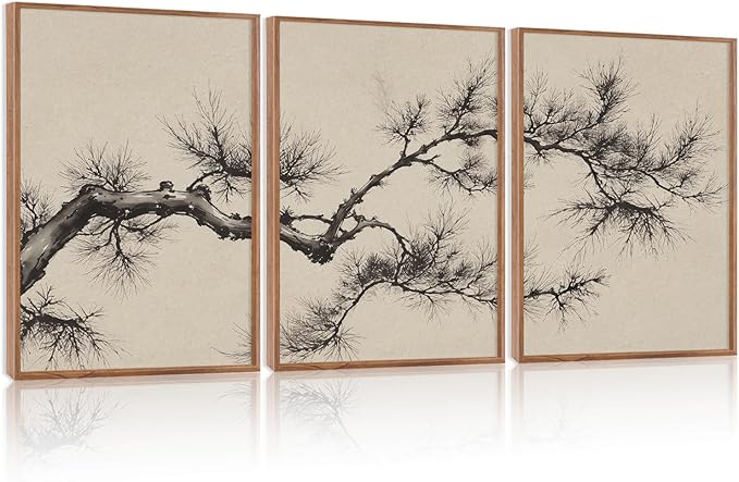 HPNIUB Vintage Sketch Pine Tree Framed Canvas Wall Art Set, Brown Antique Tree Branch Wall Decor, Nature Botanical Art Print, Modern landscape Pictures for Living Room, Office(Set of 3,12X16 Inch)