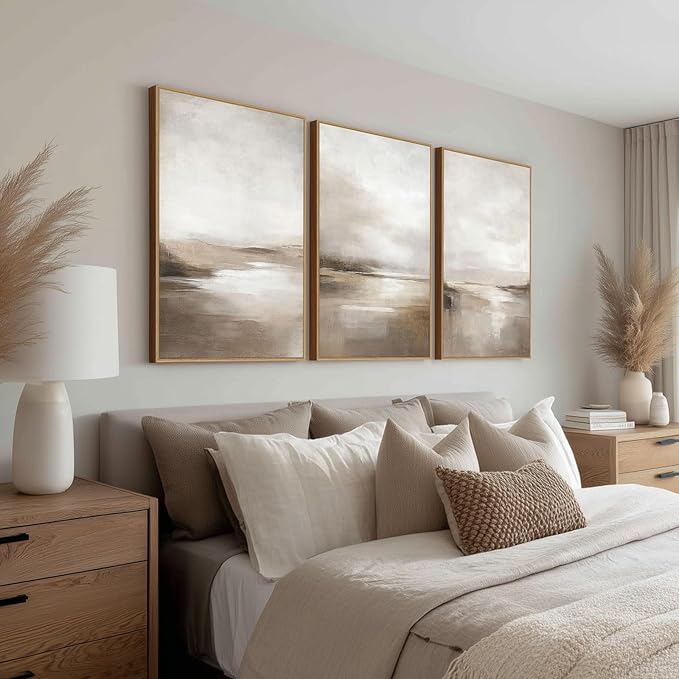 SAFERRYHOME Neutral Abstract Wall Art - Minimalist Framed Canvas Print Set, Landscape Shapes Abstract Illustrations Modern Nordic Calm Decor for Living Room, Bedroom, Bathroom - 3 Panels 24x36 Inch