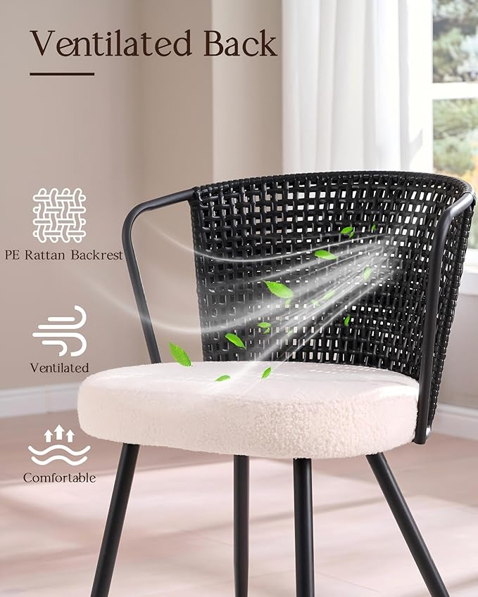 BedsPick Rattan Dining Chair Set of 2 - Farmhouse Upholstered PE Rattan Kitchen Chair with Boucle Cushion, Wingback Dining Room Seat with Cane Back and Metal Legs for Home, Kitchen (Black)