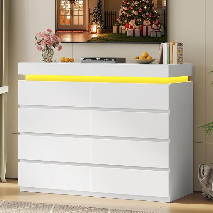 HAUOMS 8 Drawer Dresser with LED Light, White Modern Chest of Drawers for Bedroom,Closet Dressers with Drawers for Living Room, Entryway, Hallway