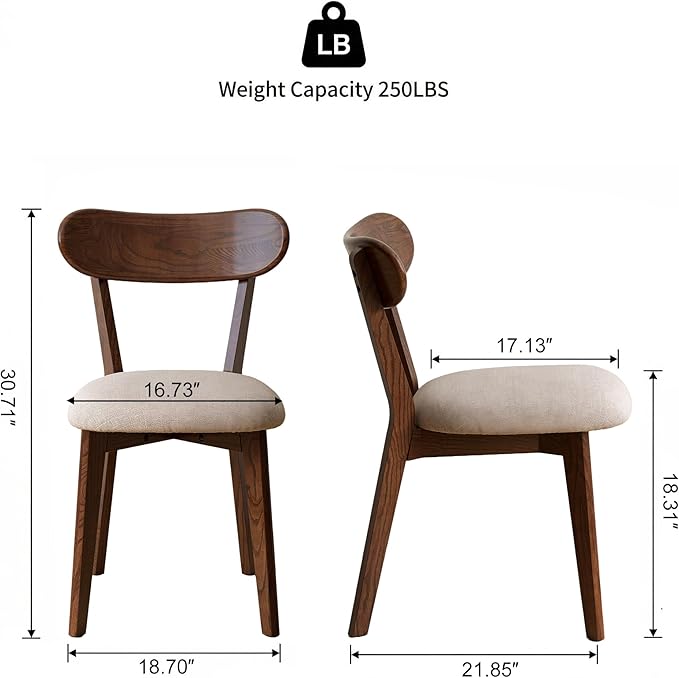 100% Solid Oak Wood Dining Chairs,Mid Century Modern Dining Chairs with Upholstered Cushion,Kitchen,Dining Room Chairs Set of 2 (2, Walnut Color Grey Upholstery)