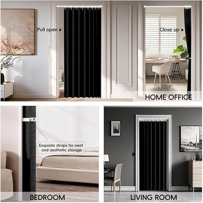 Jilron 100% Blackout Fabric Folding Door Curtain with Magnetic Closure - Accordion Style for Sliding Doors, Closets,Wardrobe and Temporary Door Solutions Doorway Curtains（W42 x L78, Black，1 Panel）