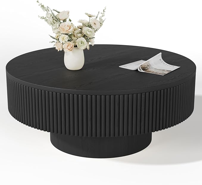 YOUDENOVA 35” Round Fluted Coffee Table, Modern Wood Circle Coffee Table, Veneer Handcrafted Relief Tea Table with Sturdy Pedestal for Living Room - Black