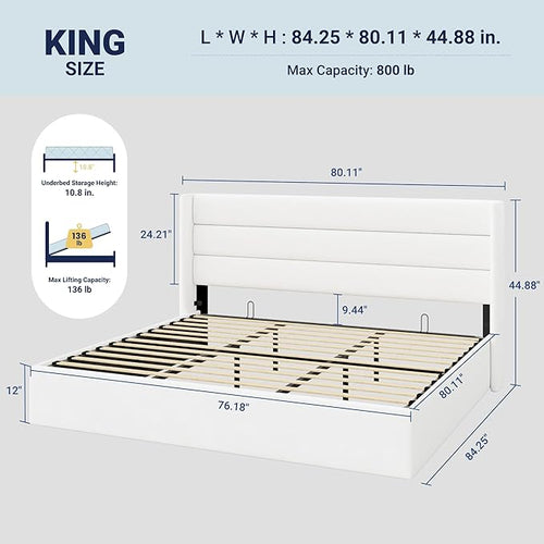 Allewie King Size Velvet Lift Up Storage Bed, Modern Wingback Headboard, Hydraulic Support, No Box Spring Needed, White
