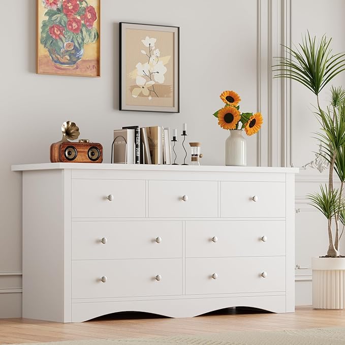 Furmax Dresser for Bedroom, 7 Wood Dresser, Chest of Drawers, for TV up to 65 inch, TV Stand Storage Chest of Drawers for Hallway Entryway (White)