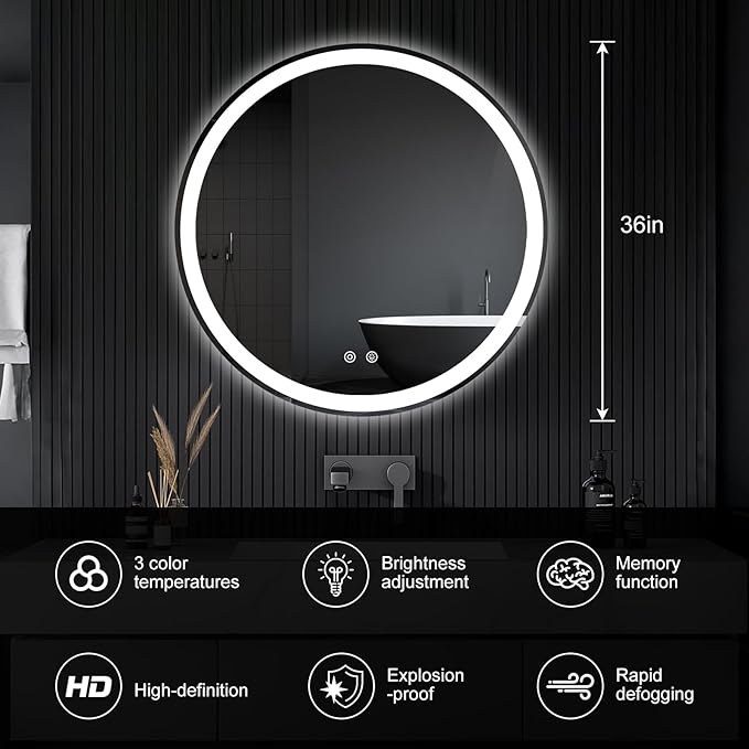NEWBULIG 36 Inch Round LED Bathroom Wall Mirror with Lights, Light up Vanity Bathroom Mirror for Over Sink, Anti-Fog and Dimmable, Front Light and Backlit, Memory Function, Shatter-Proof, White