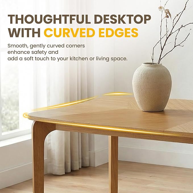 HNY Modern Curved Edge Dining Table, 63" Solid Wood Kitchen Table with Herringbone Pattern Mid-Century Rectangular Dinner Table for 6-9 People, Natural Oak Finish
