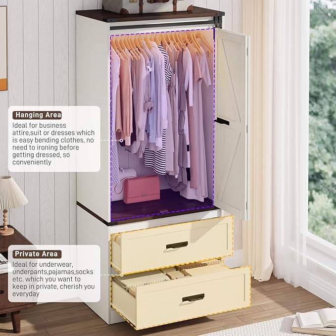 Farmhouse 2 Doors Armoire Wardrobe Closet w/Folding Sliding Barn Door and Lights, LED Armoire Closet w/Drawers for Bedroom, Freestanding Wooden Wardrobe Storage Closets w/Hanging Rod,Antique White