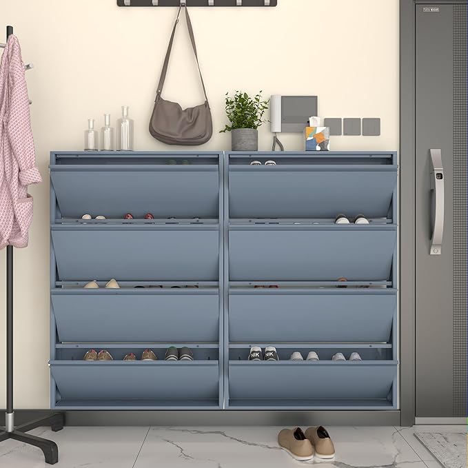 LUCYPAL Shoe Storage Cabinet with 4 Flip Drawers,Hidden Slim Shoe Cabinet,Wall Mount Metal Shoe Cabinet for Entryway, Blue