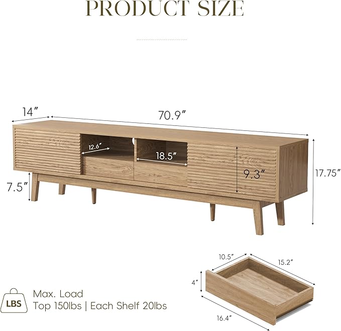 MU 70 Inch TV Stand for TVs up to 75 Inch, Mid Century Modern TV Console with Fluted Sliding Doors, Shelves & Drawers, Low Profile Entertainment Center for Bedroom, Living Room (Oak, 70")