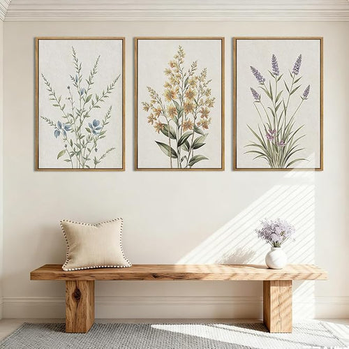 Anyzal Extral Large Botanical Framed Wall Art 24x36 Inch Neutral Floral Canvas Wall Decor Minimalist Beige Wildflower Painting for Living Room Bedroom Dining Room Set of 3