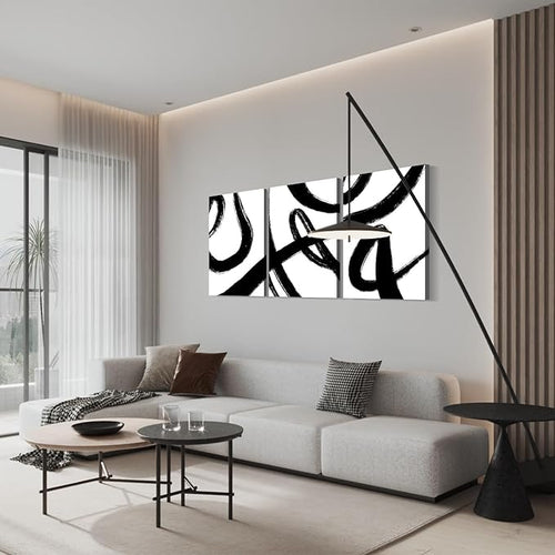 3Pcs Framed Abstract Black and White Canvas Wall Art Minimalist Brushstroke Line Prints Modern Home Gallery Style Picture Painting Posters Bedroom Living Room Office 16x24 Inch Ready to Hang