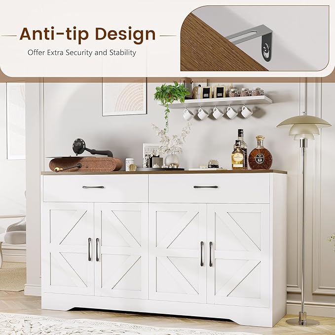 Sideboard Buffet Cabinet with Storage, 55.1" Large Kitchen Storage Sideboard with Drawers & Doors, Modern Wood Farmhouse Coffee Bar Cabinet, Buffet Table for Kitchen, Living Room, White, 55.1INCH