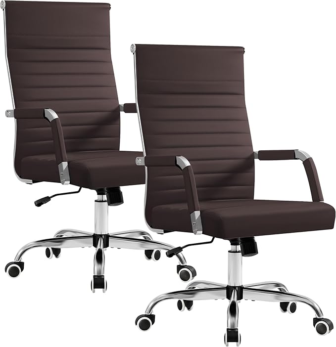 Furmax Ergonomic Office Desk Chair, Executive Ribbed Mid-Back PU Leather Conference Room Chair Adjustable Swivel Chair with Arms (2, Brown)
