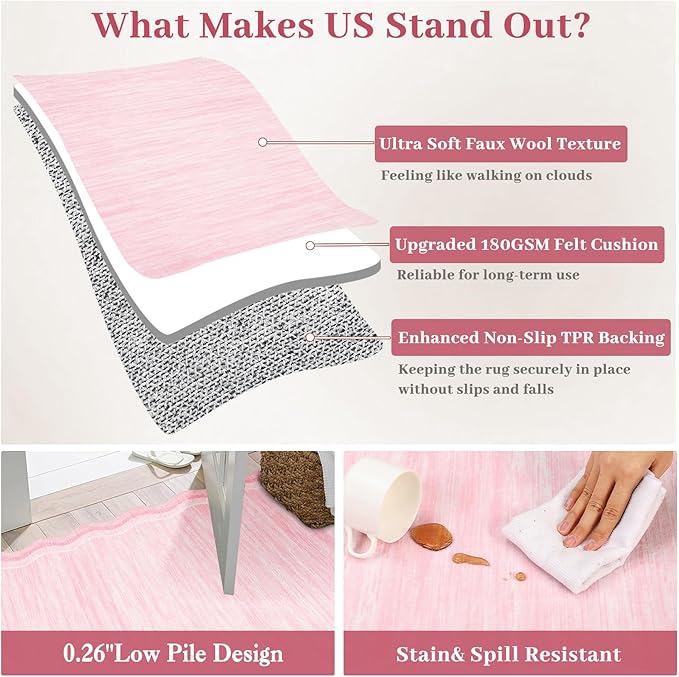 Garvee Scalloped 10x13 Area Rugs for Living Room Large Washable Rugs,Neutral Solid Rug Stain Resistant Non Slip Floor Mat Carpet Indoor Accent Rug for Bedroom Dining Room Playroom Home Decor,Pink